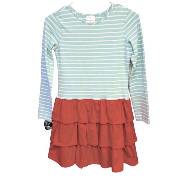 Hanna Andersson Other - HA Light Blue Stripes Tee Style Red Tiered Ruffles Skirt Dress Size 150 (12)